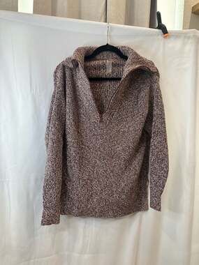 Lou & Grey Brown Mixed Knit 1/4 Zip Cotton Pullover Sweater Size Medium